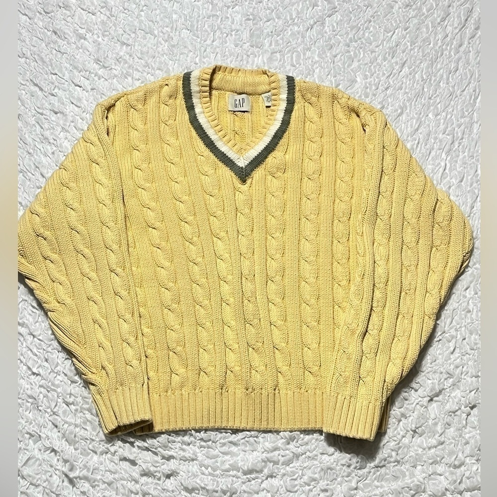 VINTAGE GAP V NECK SWEATER Y2K 3D CABLE KNIT, YELLOW SIZE L